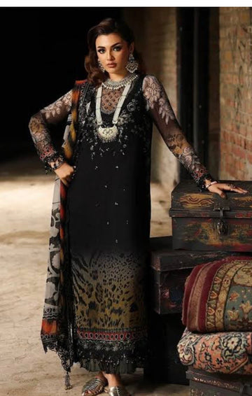 Charizma Vasal Embroidered Chiffon Unstitched 3Pc Suit black cheetah print