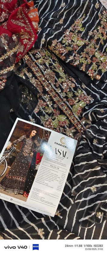Charizma Vasal Embroidered Chiffon Unstitched 3Pc Suit black n skin