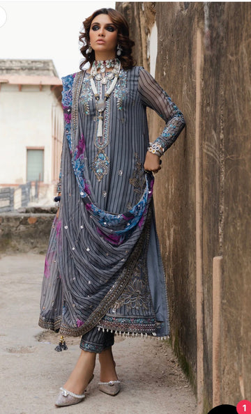 Charizma Vasal Embroidered Chiffon Unstitched 3Pc Suit grey