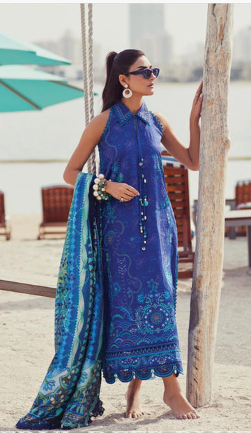 Farah Talib Aziz W E S luxury lawn unsticthed Beryl Deep Blue FTA-08