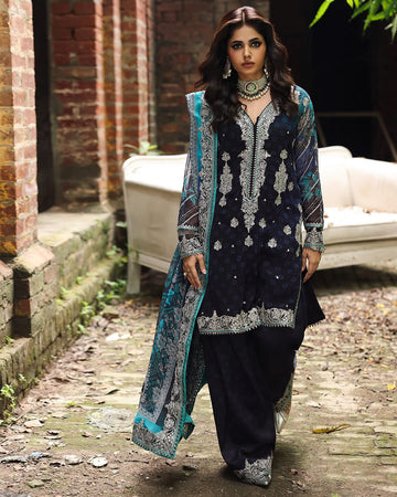 Charizma Vasal Embroidered Chiffon Unstitched 3Pc Suit black n ferozi