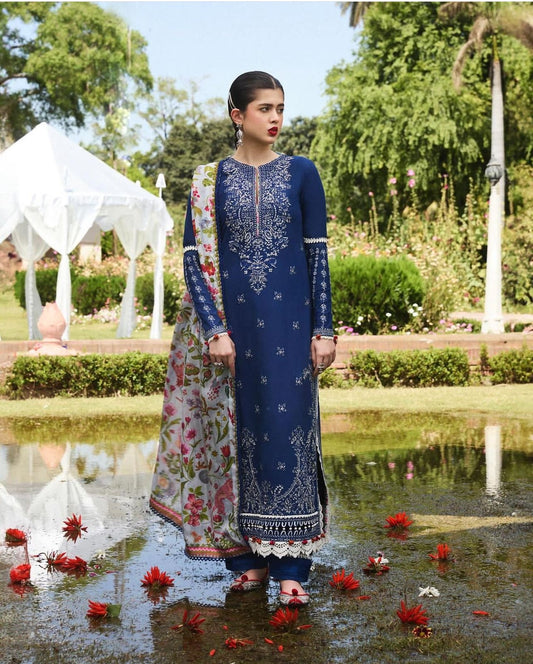 Hussain Rehar unsticthed SS/24 summer lawn cyan blue