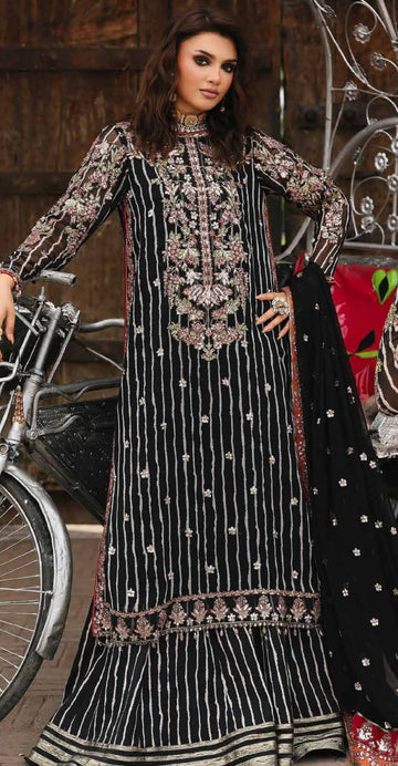 Charizma Vasal Embroidered Chiffon Unstitched 3Pc Suit black n skin
