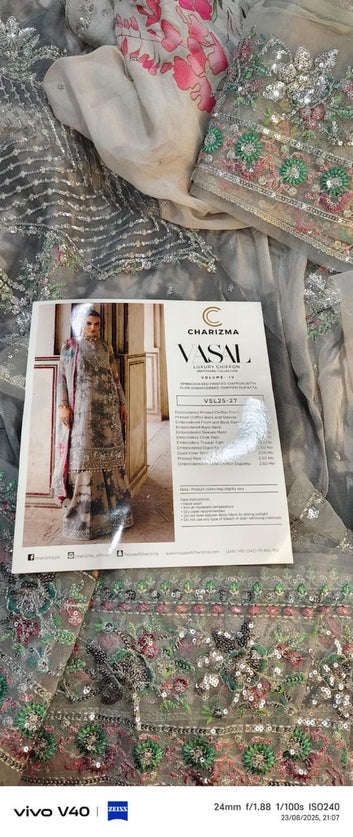 Charizma Vasal Embroidered Chiffon Unstitched 3Pc Suit grey